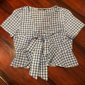 Blue gingham bow tie blouse